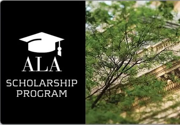 ALA Scholarship Program Building with pillars with a tree in the foreground with a graduation cap icon and text that reads ALA Scholarship Program