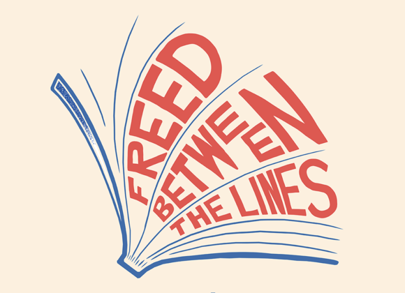 Banned Books Week 2024 logo THe words "Freed Between the Lines" appear between the pages of an open book